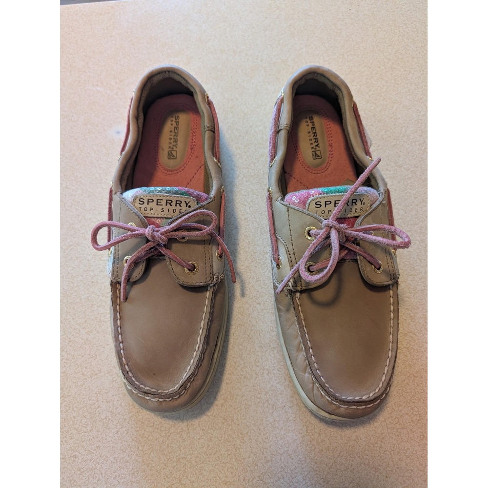 Sperry Top-Sider Womens Boat Shoes Tan‎ Leather Pink Sequin Loafers Multi Color